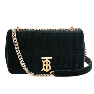 BURBERRY 8033678 Lola 絎縫格紋絨面翻蓋兩用鏈包.祖母綠