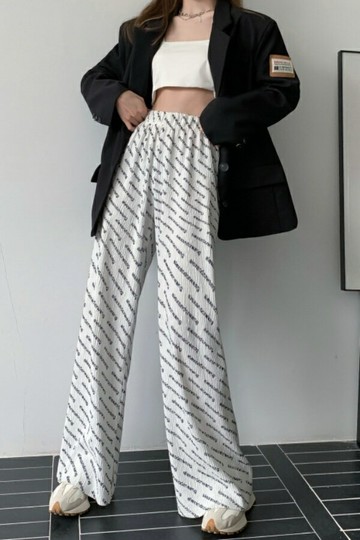 休閒褲子百褶女潮流字母闊腿褲百搭寬松高腰直筒垂感拖地休閒褲子長褲