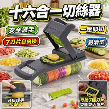 十六合一切絲器 廚房切絲器 多功能切菜器 不鏽鋼切絲器 廚房切菜神器 刨絲器 切菜機 磨泥器 刨片 安全護手 一壓即切