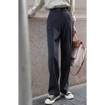 覓定灰色西裝褲女春季褲子闊腿褲垂感高級感直筒褲黑色小個子長褲