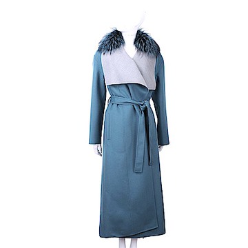 Manzoni 24 喀什米爾皮草領藏藍色綁帶手工羊絨大衣