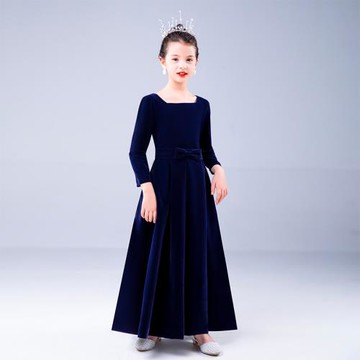 秋冬新中大童學生鋼琴考級演出服高端絲絨女童走秀禮服兒童公主裙