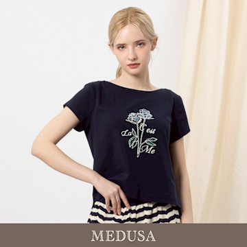 現貨【MEDUSA 曼度莎】藍色亮片刺繡花朵圖案T恤（M-XL）｜女短袖T恤 女休閒上衣