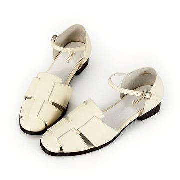 全真皮羅馬編織繫帶橢圓頭低跟鞋-白色