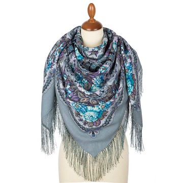 Pavlovo Posad 俄羅斯羊毛披肩，100% 羊毛圍巾，125x125 公分，絲綢流蘇，款式 1882-11