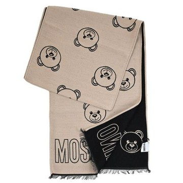 MOSCHINO 30763 M2992 滿版小熊LOGO混羊毛長圍巾/披肩.黑/淺褐