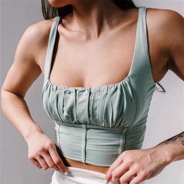 聰明超市vintage｜美式復古方領短褲露臍胸前褶皺吊帶背心