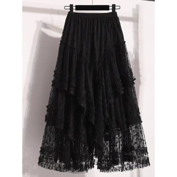 黑色蕾絲裙網紗蛋糕裙女2025秋裝新款大碼胖mm不規則中長款半身裙