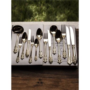 304不銹鋼ins法式輕奢盧浮宮系列金色復古浮雕套裝主餐勺叉甜品勺