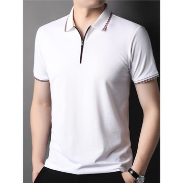 夏季休閑POLO衫男士翻領拉鏈短袖t恤中年桑蠶絲男裝純色半袖體恤