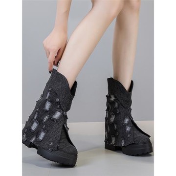 厚底牛仔布套腳褲管靴女2024年秋季新款內增高10CM休閑短靴子顯瘦