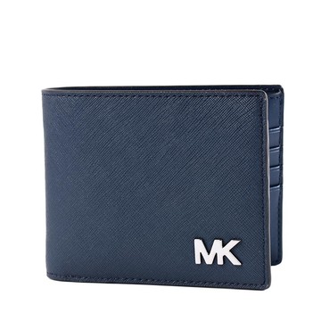 MICHAEL KORS 男款 金屬LOGO十字紋防刮八短夾附證件夾-藍色