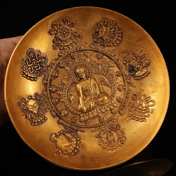 藏傳純銅銅盤銅鎏金吉祥八寶釋迦牟尼佛像觀賞盤居家佛堂供盤擺件