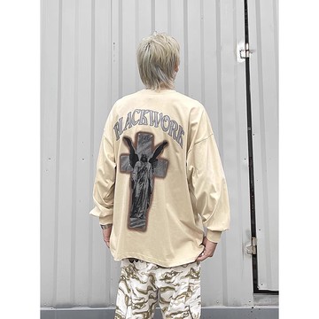 ☆LimeLight☆ 小哥哥穿搭 耶穌 十字架 十字星 煙燻 落肩 寬鬆 長袖 薄長袖CH-STS03