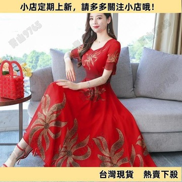 【新品上架】雪紡連衣裙短袖喇叭袖收腰長裙媽媽裙子遮肚大擺型度假波西米亞
