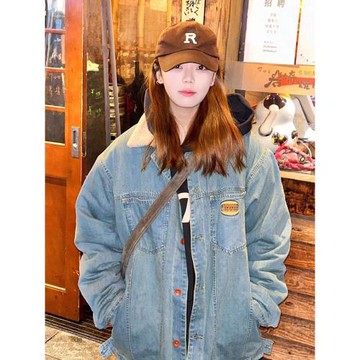 美式復古羊羔毛牛仔外套女秋冬季寬松小個子加絨加厚工裝夾克棉服