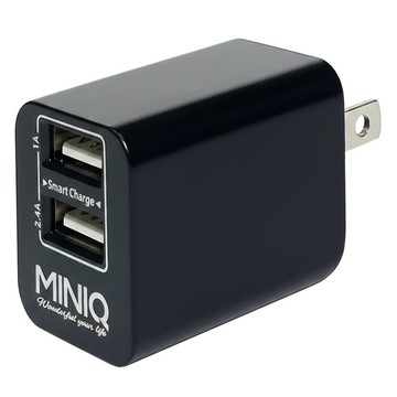 MINIQ 智慧型USB急速充電器/變壓器 雙USB端口 2.4A輸出 國際電壓AC 110V-240V  黑色  1個