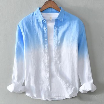 漸變色亞麻襯衫男夏季長袖薄款休閑寬松文藝小清新棉麻襯衣男潮流