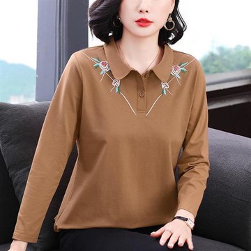 【巴黎精品】現貨+預購高級長袖POLO衫寬鬆上衣針織衫簡約大碼休閒大尺碼女裝百搭媽媽裝-玫瑰刺繡2色a1lq1