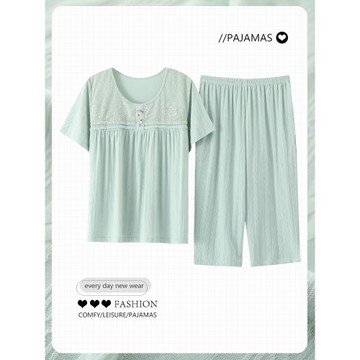 媽媽睡衣女夏季薄款短袖七分褲莫代爾冰絲中年人婦女士家居服休閑