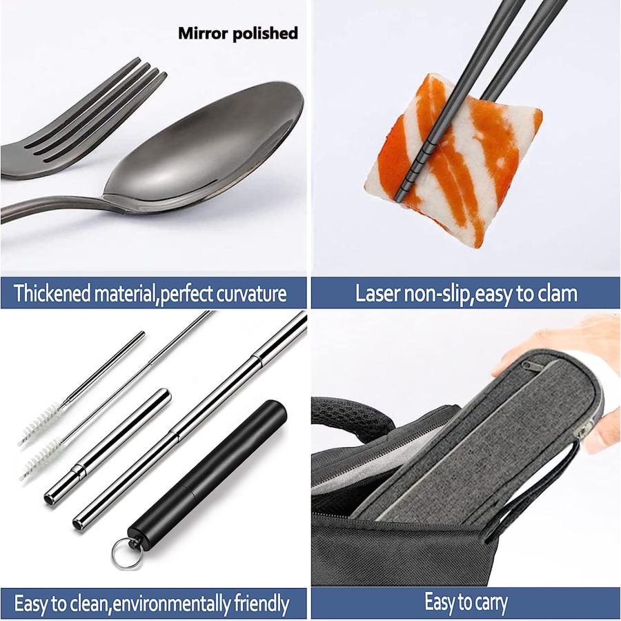 Portable Travel Reusable Utensils Silverware with Case Travel Camping Cutlery set Chopsticks and Straw Flatware  Stainless steel Travel Utensil set