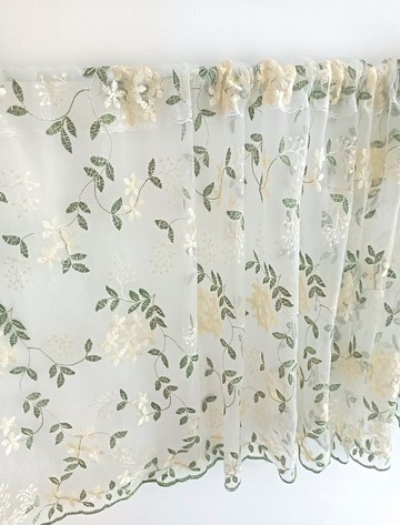 黃綠色網紗刺繡小碎花 門簾窗簾  咖啡簾