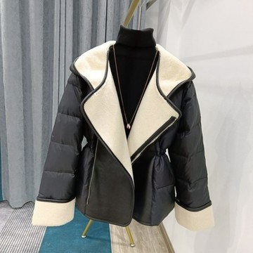 [米蘭精品] 真羽絨90%鴨絨羽絨外套羽絨衣夾克-保暖連帽羽絨拼接羔羊毛女外套2色74ia27