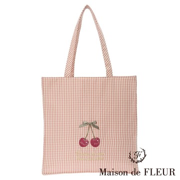 Maison de FLEUR 甜美櫻桃刺繡格紋方形帆布包(8A42F0J0900)