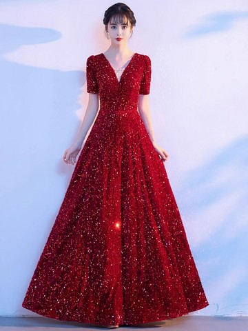 晚禮服連身裙  紅色敬酒服女2024新款晚禮服裙輕奢小眾高端亮片宴會氣質主持演出