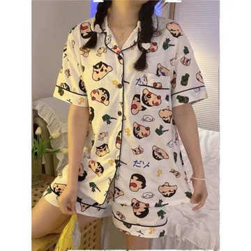 夏季睡衣女短袖短褲蠟筆小新可愛簡約卡通薄款家居套裝夏天仿純棉