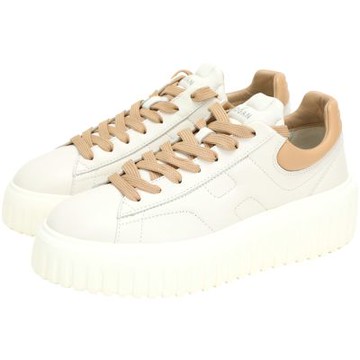 HOGAN H-Stripes H標誌縫線納帕皮卡其尾繫帶厚底餅乾鞋(女鞋/膚色)