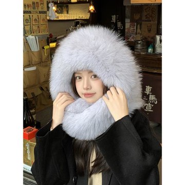 雙面真狐貍毛風雪帽皮草圍巾帽子一體帽東北滑雪帽保暖加厚包頭帽
