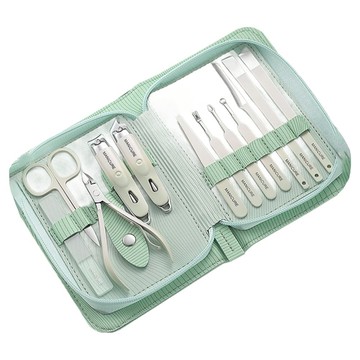 小麥購物 不銹鋼死皮剪修甲12件組 含拉鍊包 L1425  綠色  1組