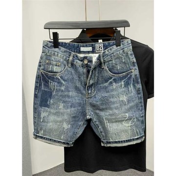 潮牌牛仔短褲男夏季抓痕新款修身直筒復古破洞假補丁休閑五分中褲