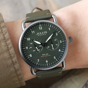 正韓JULIUS拓荒者的旅途真雙眼日期星期顯示真皮手錶【WJAH120】-墨綠面墨綠帶