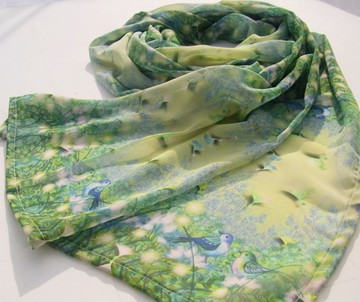 一週內【Prairie party】小鳥與絨毛的春日 藝術縐紗圍巾 絲巾 綠色 葉片 自然穿搭 綁帶