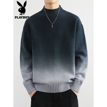 花花公子半高領毛衣男士冬季潮牌拼色內搭加厚保暖針織打底衫男裝