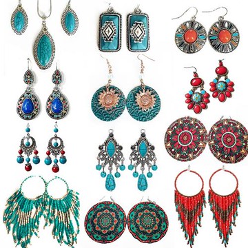 民族風耳環流蘇耳飾波西米亞紅藍色綠松石西藏族藏式復古彩釉滴油