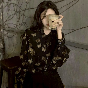 法式黑色復古碎花襯衫女春秋設計感小眾長袖港風襯衣別致早秋上衣