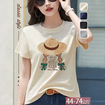 圓領草帽女孩字母印花正肩上衣(4色) M-3XL【595716X】【現+預】☆流行前線☆