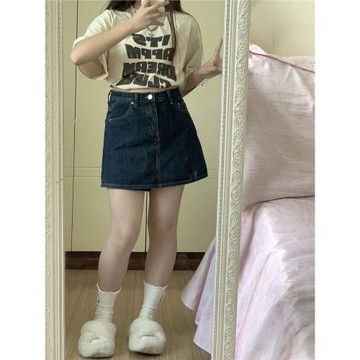 梨型身材穿搭牛仔短裙女夏季大碼胖mm高腰顯瘦a字小個子半身裙子