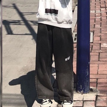 學生百搭高腰寬松闊腿牛仔褲女韓版港味漸變色印花直筒春秋長褲潮