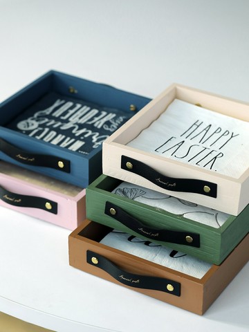 方形紙巾收納盤 莫蘭迪色系雜物盤 皮質提手置物盤北歐玄關鑰匙盤