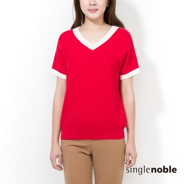 獨身貴族 亮眼大紅撞色V領短袖線衫(1色)