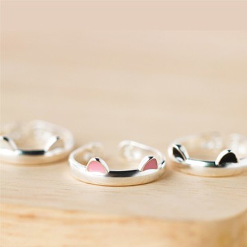 S925純銀戒指貓耳朵開口戒森林系女孩送禮物超萌可愛戒指-銀/白/粉/黑【AAA2285】