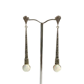 裝飾藝術風格 Gilson 蛋白石長耳環配白鐵礦 925 純銀