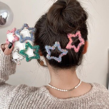 髮夾 星星髮夾 限定浪漫~手工五角星毛綫碎髮夾頭飾秋冬前額劉海夾側邊bb髮卡ins 髮飾
