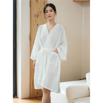 白色睡袍女士薄款純棉雙層紗浴袍酒店睡衣長款成人吸汗浴服全棉