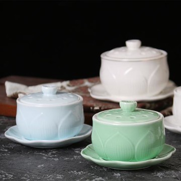 青瓷蓮花家用陶瓷隔水燉盅帶蓋煲燕窩蒸蛋碗魚膠翅湯盅甜品小燉罐