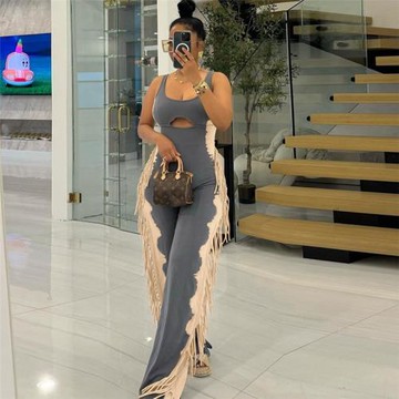 D9769亞馬遜歐美熱賣女裝 時尚撞色個性流蘇休閑打底褲連體褲